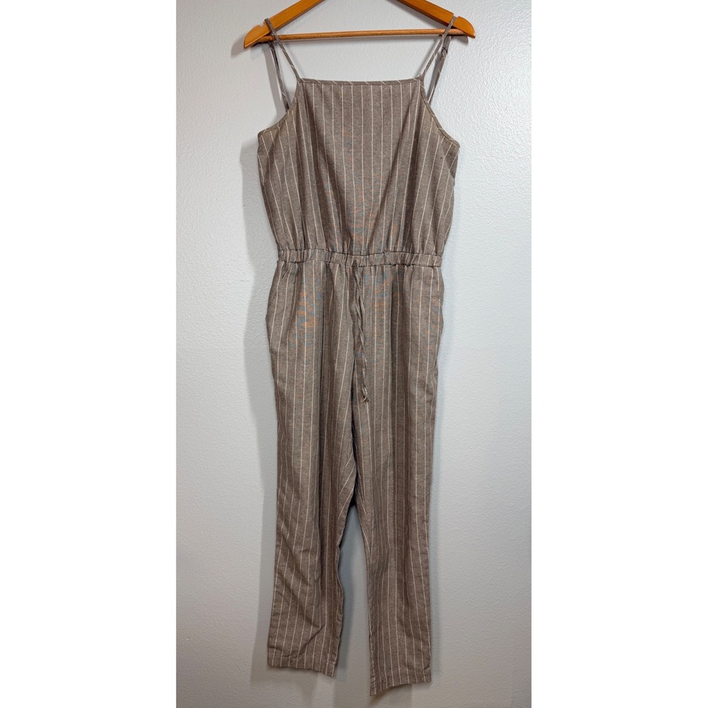 Ci Sono Jumpsuit Women Large Taupe‎ White Pinstripe Linen Blend